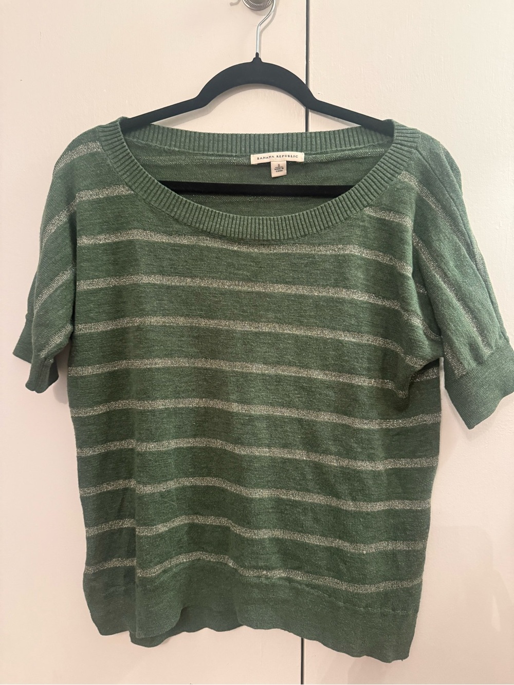 Banana Republic Green Short-Sleeve Striped Knit Top - small